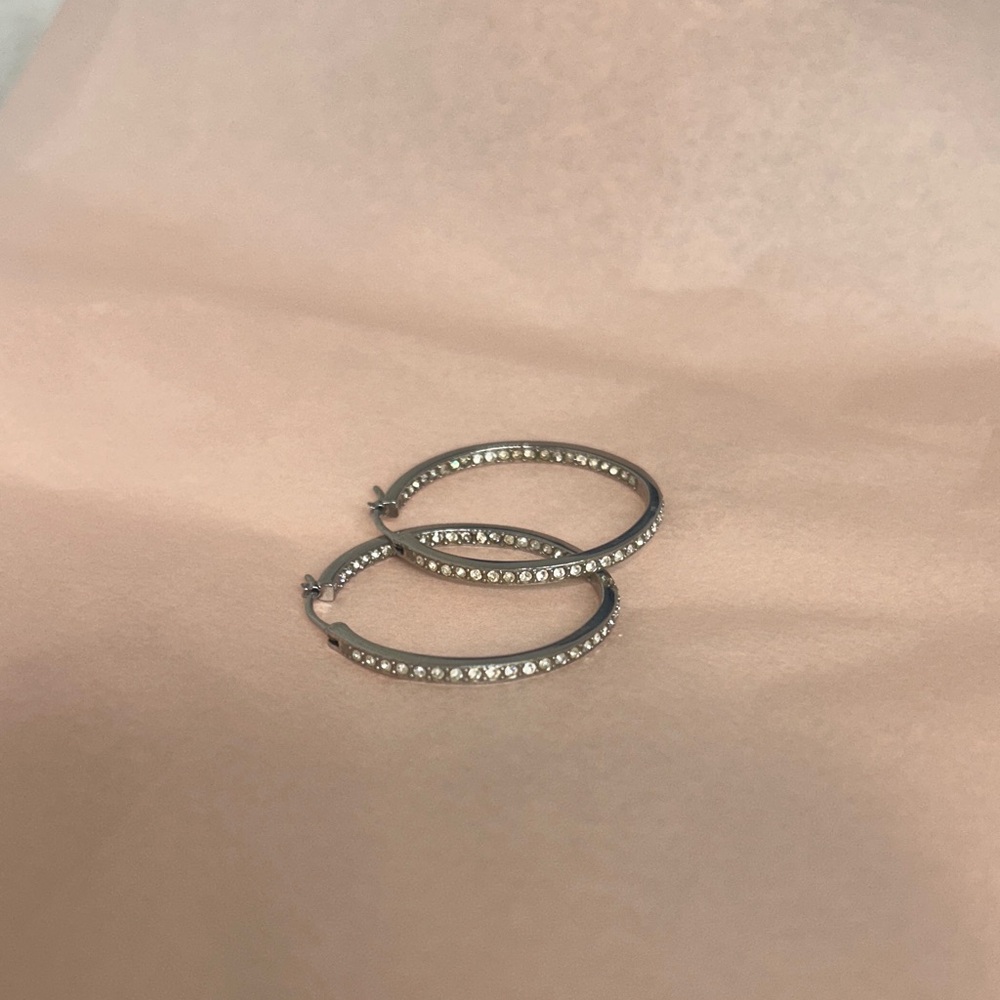 Fossil Silver Crystal-Studded Hoop Earrings - Elegant Sparkle